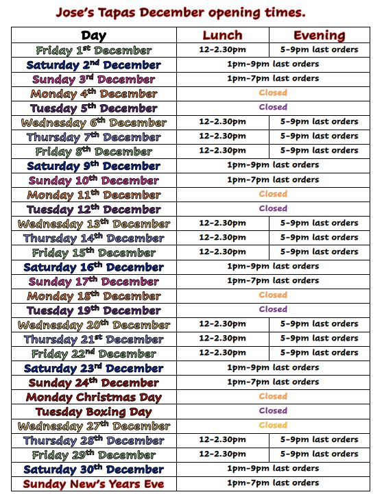 December 2023 Opening Times
